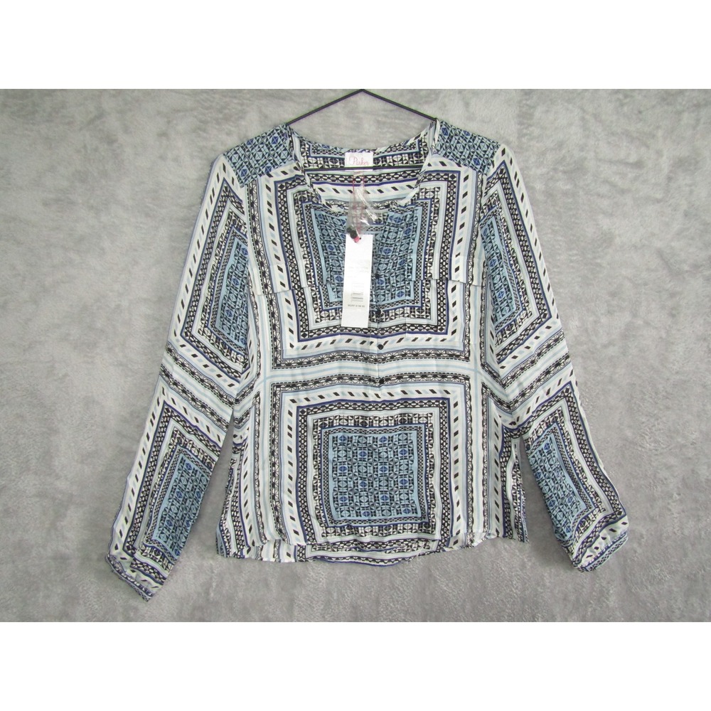 Parker Women's XS Geometric Print Long Sleeve Blouse Top Blue White Black